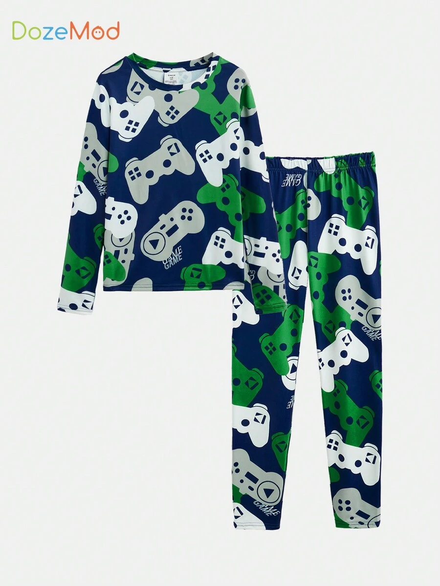 SHEIN 青少年男孩休闲舒适圆领长袖印花贴身家居服套装 - 藏蓝色 - 查看 1
