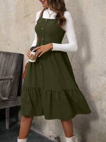 SHEIN Clasi 女式夏季纯色休闲连衣裙，带纽扣装饰和荷叶边下摆，无袖长款女装 - 軍綠色 - 查看 5