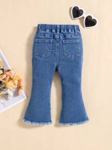 SHEIN 女婴白色珠饰蓝色牛仔弹力牛仔喇叭裤