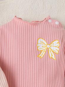 SHEIN 女婴蝴蝶结印花连体衣和裤子套装，秋冬季保暖舒适。 - 彩色 - 查看 5