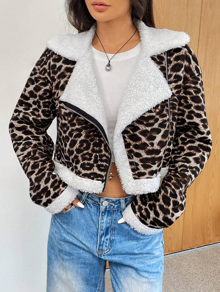SHEIN EZwear 秋冬豹纹蓬松短外套，长袖 - 棕色 - 查看 1