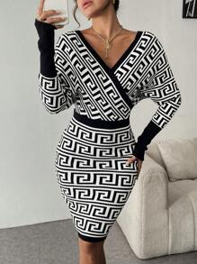 SHEIN Clasi Women V-Neck Long Sleeve All-Over Print Fitted Elegant & Charming Jacquard Sweater Dress - Black and White - View 1