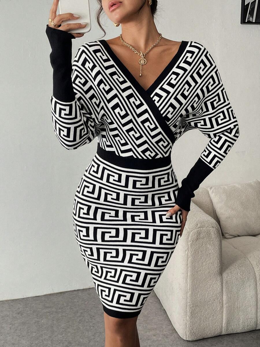 SHEIN Clasi Women V-Neck Long Sleeve All-Over Print Fitted Elegant & Charming Jacquard Sweater Dress - Black and White - View 1