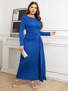 SHEIN Clasi 海军蓝扭纹侧边加大码女式优雅长袖圆领中长款工作连衣裙商务休闲女士 - 寶藍色 - 查看 3