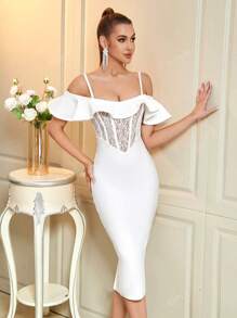 ADYCE Exaggerated Ruffle Trim Strap Sheer Mesh Lace Backless Bodycon Bandage Dress