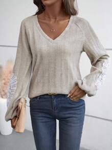 EMERY ROSE Women's Spring & Summer Contrast Lace Raglan Sleeve V-Neck Casual Loose T-Shirt Fall Cloth For Women