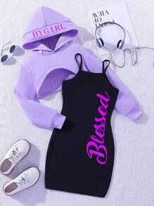 2pcs/Set Tween Girls Hoodie Crop Top And Letter Print Sleeveless Midi Dress