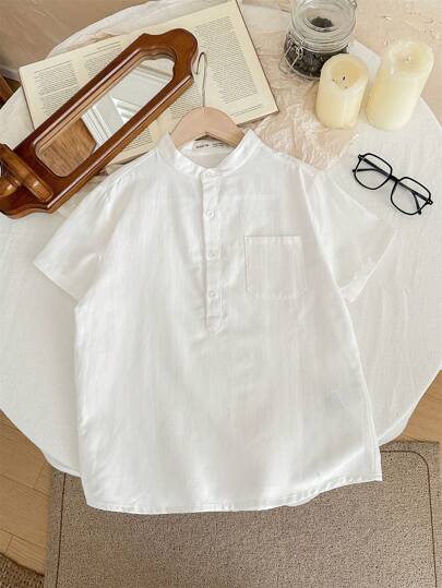 SHEIN LMoss Kids Tween Boy Stand Collar Pocket Patch Shirt