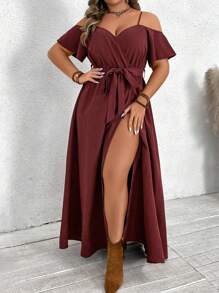 SHEIN VCAY Plus Size Women Solid Color Open Shoulder Dress With Belted