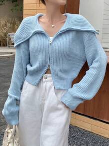 DAZY 女士宽松短款拉链开衫，秋季女装夹克 - 藍色 - 查看 7