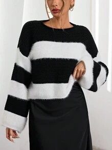 Aveloria Suéter holgado de moda casual con rayas aleatorias y contraste de color