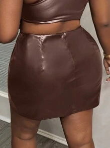 Slaydiva New Sexy Mini Metal Zipper Slit Faux Leather Stretchy Plus Size Women Skirt - Brown - View 2