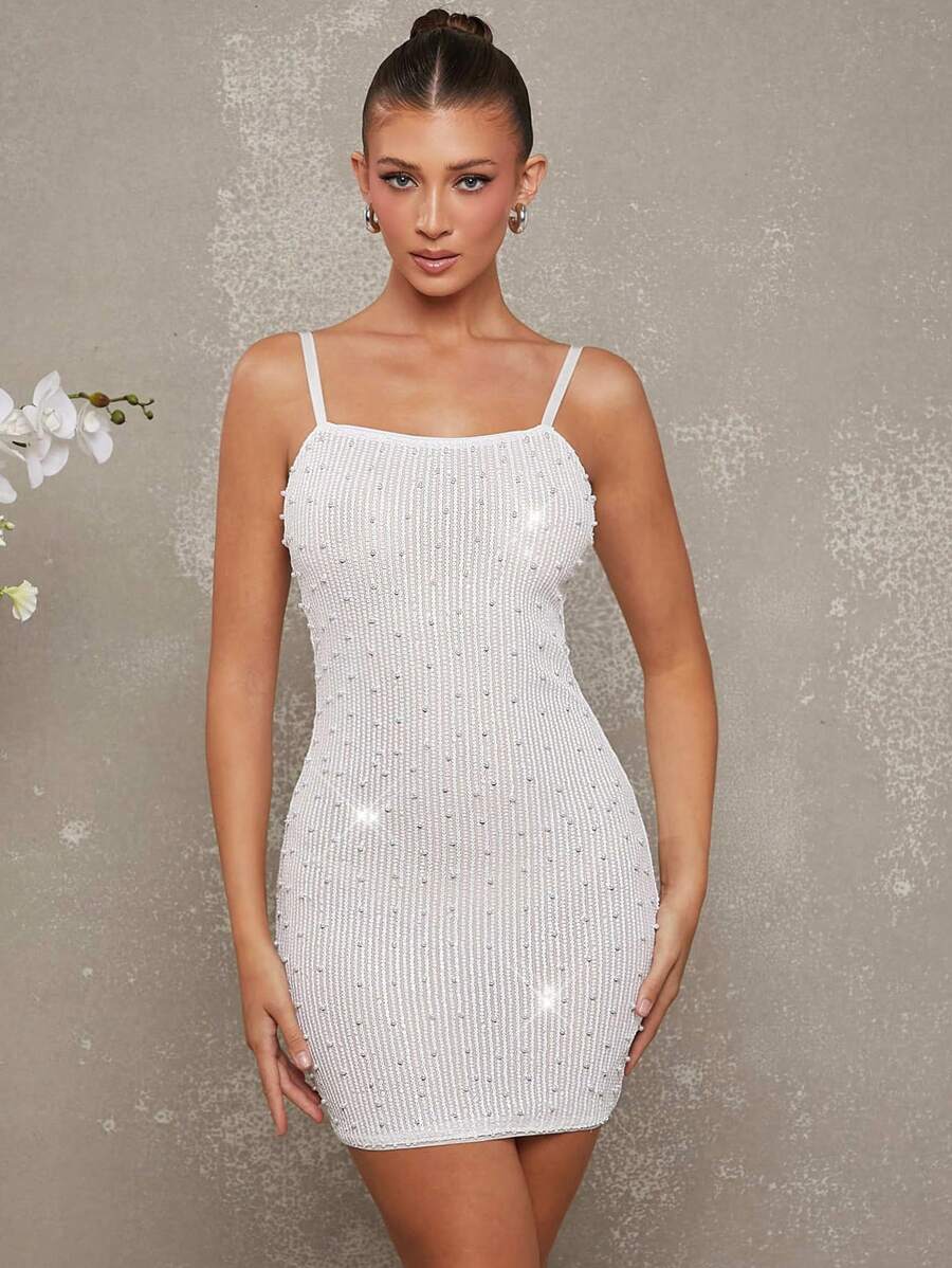 L'Amorae Elegant Solid Color Sequin & Pearl Decor Fitted Mini Camisole Dress - White - View 1