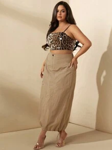 SHEIN BAE Plus Size Fall Leopard Pattern Beaded Spaghetti Straps Sexy Wild Tube Top Tank Top  Suitable For Parties And Inner Wear - Brown - View 3