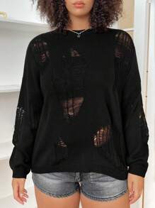 SHEIN EZwear 大码女式万圣节休闲百搭做旧镂空针织毛衣，秋冬 - 黑色 - 查看 7