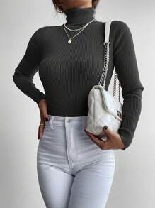 RueChic Turtleneck Ribbed Knit Slim Fit Sweater - Grey - View 4