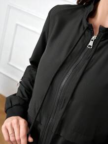 Al Najma 女士时尚端庄优雅迷人长袖拉链长袍 Abaya，休闲运动立领前拉链闭合长袍，适合日常休闲/工作/返校 - 黑色 - 查看 6