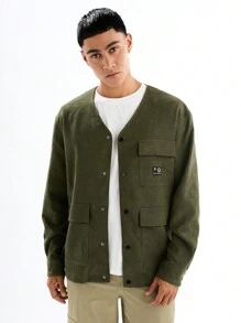 Manfinity VCAY 男士时尚休闲绿色修身长袖梭织夹克，秋冬装 - 軍綠色 - 查看 4