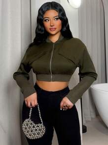 Zolique Women's Solid Color Dropped Shoulder Long Sleeve Cropped Casual Baseball Jacket, Spring & Fall - Army Green - View 3