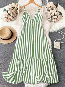 SHEIN LUNE Plus Size Women's Striped Print Spaghetti Strap Dress - Multicolor - View 1