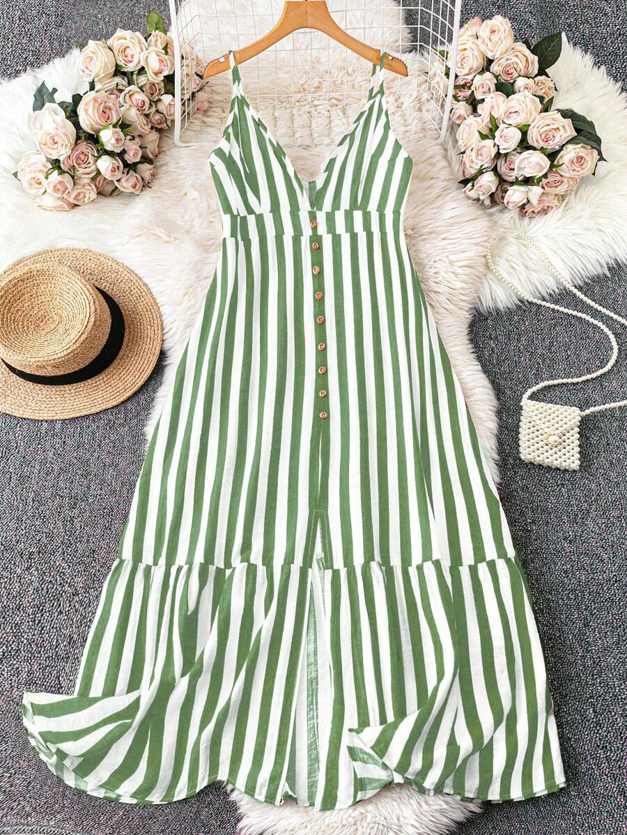 SHEIN LUNE Plus Size Women's Striped Print Spaghetti Strap Dress - Multicolor - View 1