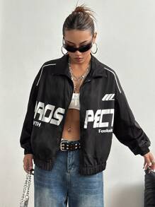 StreetHx Letter Print Contrast Trim Casual Jacket - Black - View 6