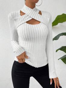 Chiquease Women Cross Neck Hollow Slim Graceful Elegant Charm Long Sleeve T-Shirt Fall Cloth For Women - White - View 7