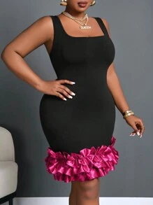 Slaydiva Đầm dự tiệc thanh lịch cỡ lớn cho nữ, không tay màu đen có viền xếp nếp nhiều màu - màu đen - Xem 5