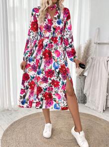 SHEIN Clasi Floral Print V-Neck Fit-And-Flare Midi Dress For Women - Multicolor - View 6