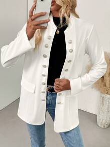 SHEIN Clasi Women's Cinched Waist Long Sleeve Jacket With Metal Button Decor - White - View 6
