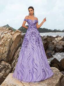 Faeriesty Off-Shoulder Sweetheart Neck Sequin Prom Dress - Purple - View 8