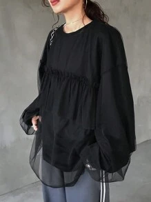 FRIFUL Women's Crew Neck Mesh Contrast Long Sleeve Casual Loose Blouse,Ruffle Sheer,Back To School Clothes - Black - View 3