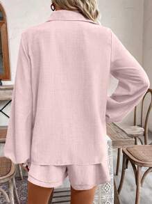 Breezaya 2 piezas Conjunto de blusa de botones con cuello casual y falda evasé para mujer
