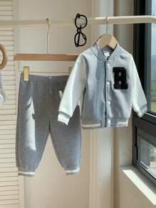 SHEIN Bộ 2 món/bộ quần áo bóng chày thời trang dễ thương, thể thao & phong cách học đường, đa năng, thoải mái cho bé trai, phù hợp mặc vào mùa thu đông, lót nhiệt, dày dặn - Xám - Xem 7