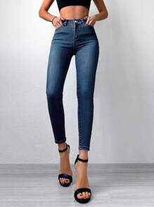 EURMUSE High Waist Skinny Cropped Jeans - Dark Wash - View 5