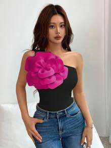 Rafferiza Women's Asymmetrical Neckline Shoulder Fitted Elegant Solid Color 3D Floral Decor One Shoulder Top - Multicolor - View 5