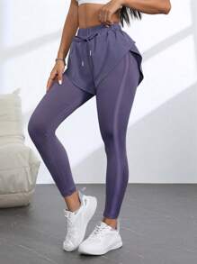 SHEIN Dewbera Women's Solid Color Elastic Waist 2 In 1 Running Leggings, Gym Clothes Yoga Pants - Purple - View 5