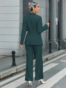 SHEIN Clasi Women Spring Autumn Solid Color  Asymmetric Hem Blazer Jacket & Pants Elegant Business Suit Set - Teal Blue - View 2