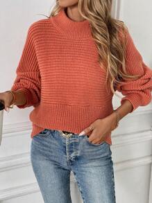 Chiquease كنزة صوفية كاجوال بأكمام خفاش كبيرة الحجم ذات لون أحادي، رقبة دائرية، للخريف/الشتاء، بلوزة محبوكة - لون برتقالي - مشاهدة 3