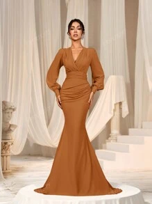 Faeriesty Elegant Cross-Over V-Neck Lantern Sleeve Mermaid Hem Dress - Sophisticated Timeless Design For Spring/Summer Weddings, Galas, Red Carpet