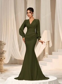 Faeriesty Elegant Cross-Over V-Neck Lantern Sleeve Mermaid Hem Dress - Sophisticated Timeless Design For Spring/Summer Weddings, Galas, Red Carpet Bridesmaid Dress