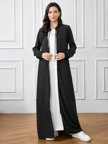 Al Najma 女士时尚端庄优雅迷人长袖拉链长袍 Abaya，休闲运动立领前拉链闭合长袍，适合日常休闲/工作/返校 - 黑色 - 查看 5