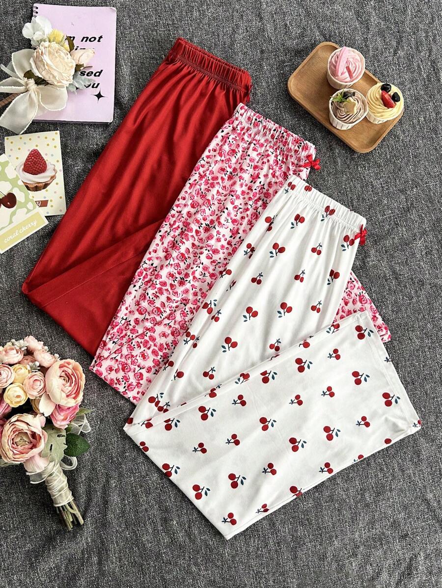 女士三件套印花睡裤，包括花卉、樱桃和纯色图案，适合秋冬季节穿着。 - 彩色 - 查看 1