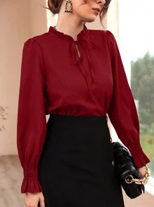 Mulvari 勃艮第红女士休闲纯色荷叶边袖衬衫，春秋装，长袖上衣 - 酒紅色 - 查看 6