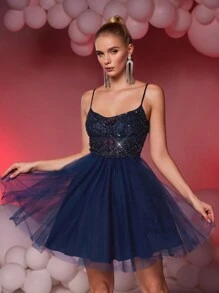 SHEIN Belle Elegant Luxurious Navy Blue Mesh Floral Sequined Oversized A-Line Dress Suitable For Wedding, Bachelorette Party, Vacation, Prom, Gala (Heavy Embellished)