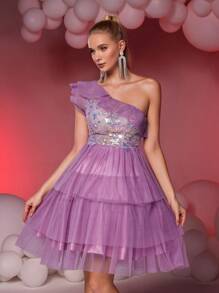 SHEIN Belle Elegante e luxuoso vestido roxo de um ombro plissado em malha contrastante com lantejoulas maxi em linha A, adequado para casamento, festa, formatura, baile de formatura, vestido semiformal, para aniversário, convidado de casamento, baile de formatura - Roxa - Ver 5