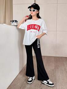 SHEIN 2 peças/Conjunto Camiseta de Manga Curta com Fenda Alta e Estampa de Letra e Legging Casual Solta para Meninas Pré-Adolescentes