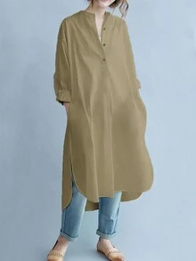 Women's Solid Button Front Curved Hem Shirt Dress Long Sleeve Fashion Casual For Spring, Autumn