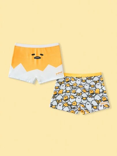 Gudetama X SHEIN Young Girl 2pcs/Pack Cute Cartoon Funny Expression Printed Boxy Briefs