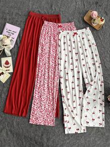 女士三件套印花睡裤，包括花卉、樱桃和纯色图案，适合秋冬季节穿着。 - 彩色 - 查看 6